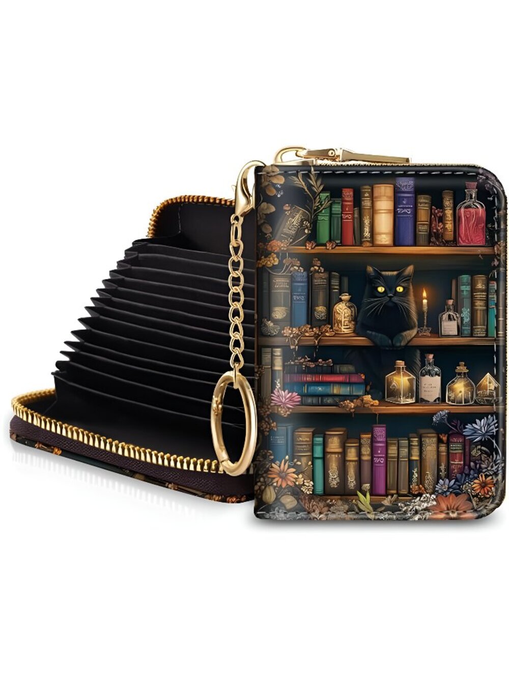 Bookshelf and Cat Credit Card Holder for Women, Small RFID Wallet
